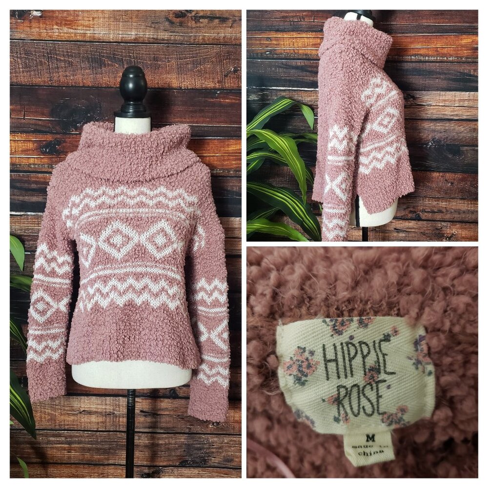 Hippie Rose Sweater M Pink White Tribal Chunky Knit Super SOFT Cowl Turtleneck